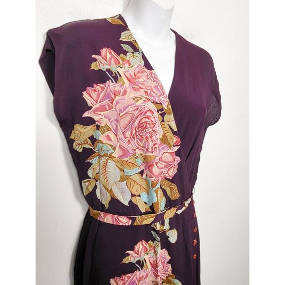 Depeche Mode Plum Floral Print Belted Faux Wrap Dress (Fits Like Medium) - Picture 2 of 5